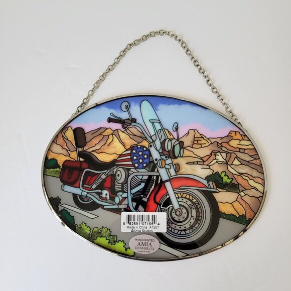 AMIA Studios Motorcycle Hand-Painted Glass Sun Catcher Harley Davidson EUC - Picture 2 of 5